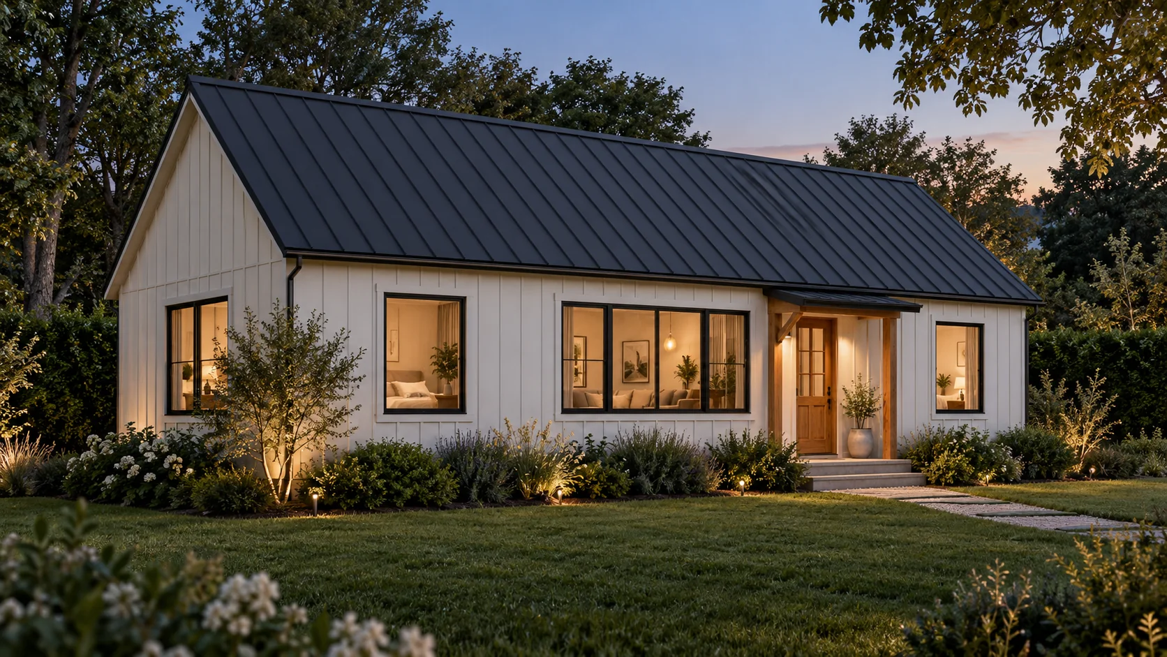Design preview of a two-bedroom cottage with a timber terrace and warm interior light