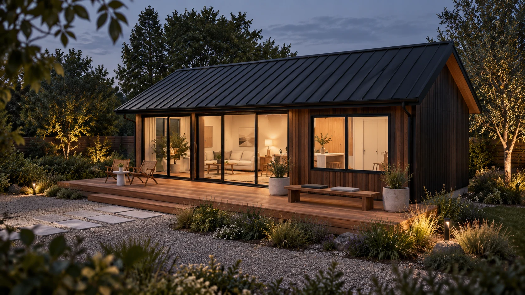 Architectural design study of a charcoal timber cottage in a garden at dusk, with warm light through its windows