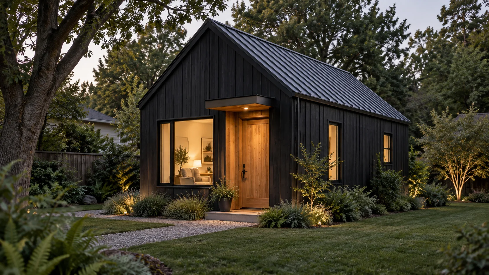Design preview of a compact charcoal studio cottage with a sheltered front door