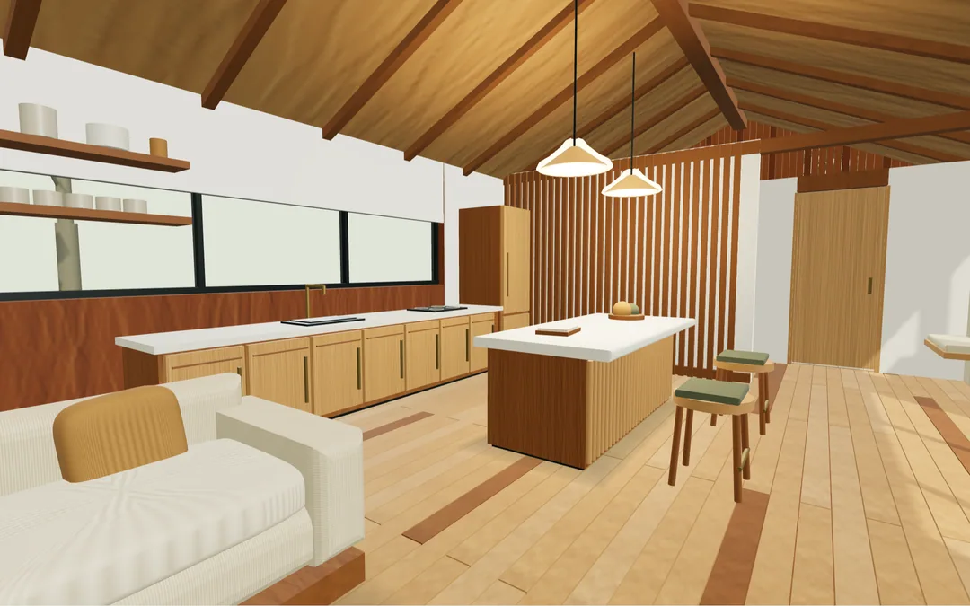 Illustration of the Grove's living room and kitchen with wood-toned cabinetry