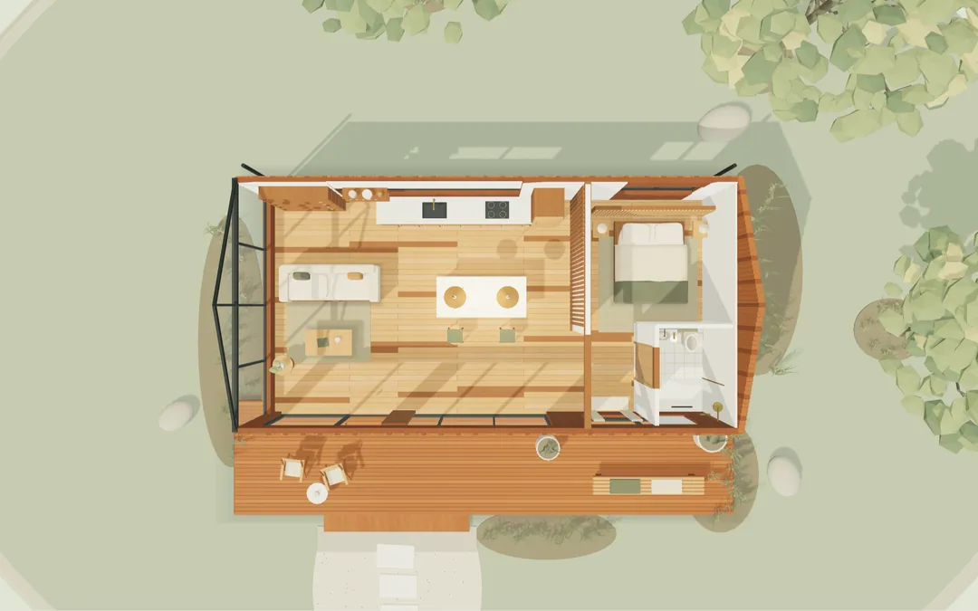 Top-down plan view of the Grove concept from the 3D model, showing living room, kitchen, bedroom, bath and deck